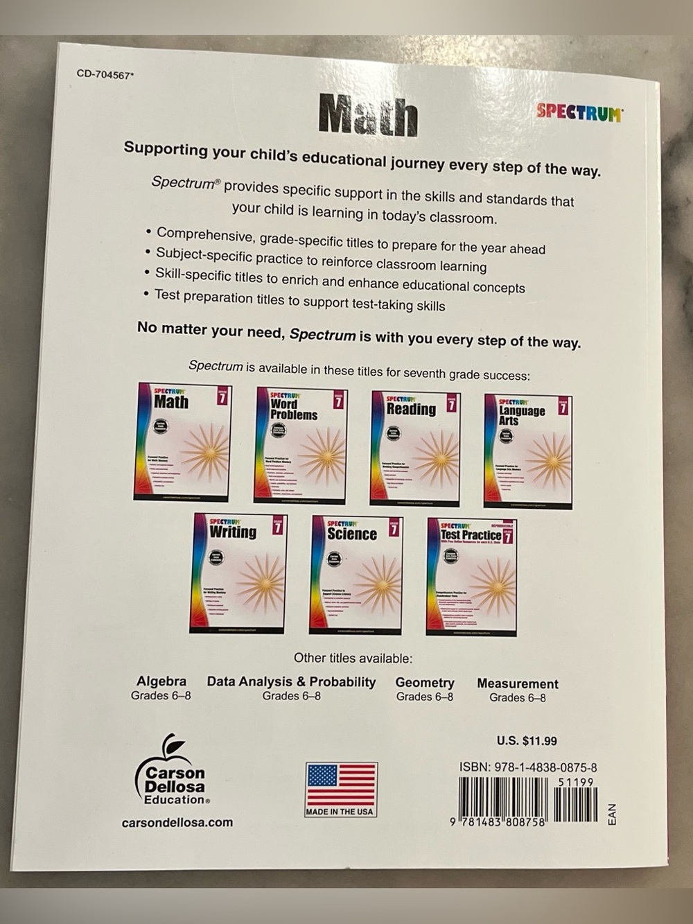 Spectrum Math Grade 7 Workbook - Bright Multi-Color Cover - Picture 2 of 2